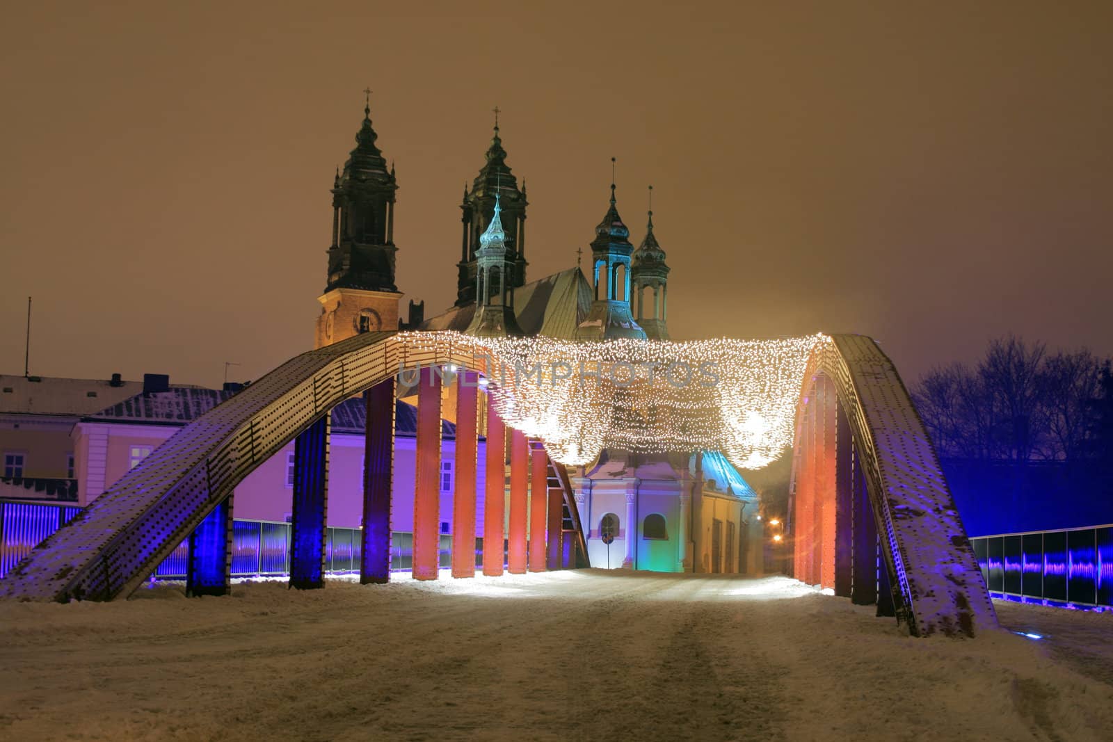 Old town architecture during the winter night in poznan, poland