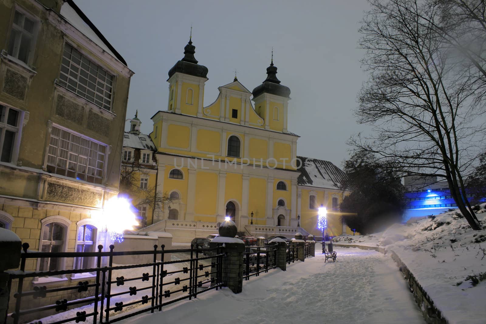 Old town architecture during the winter night in poznan, poland
