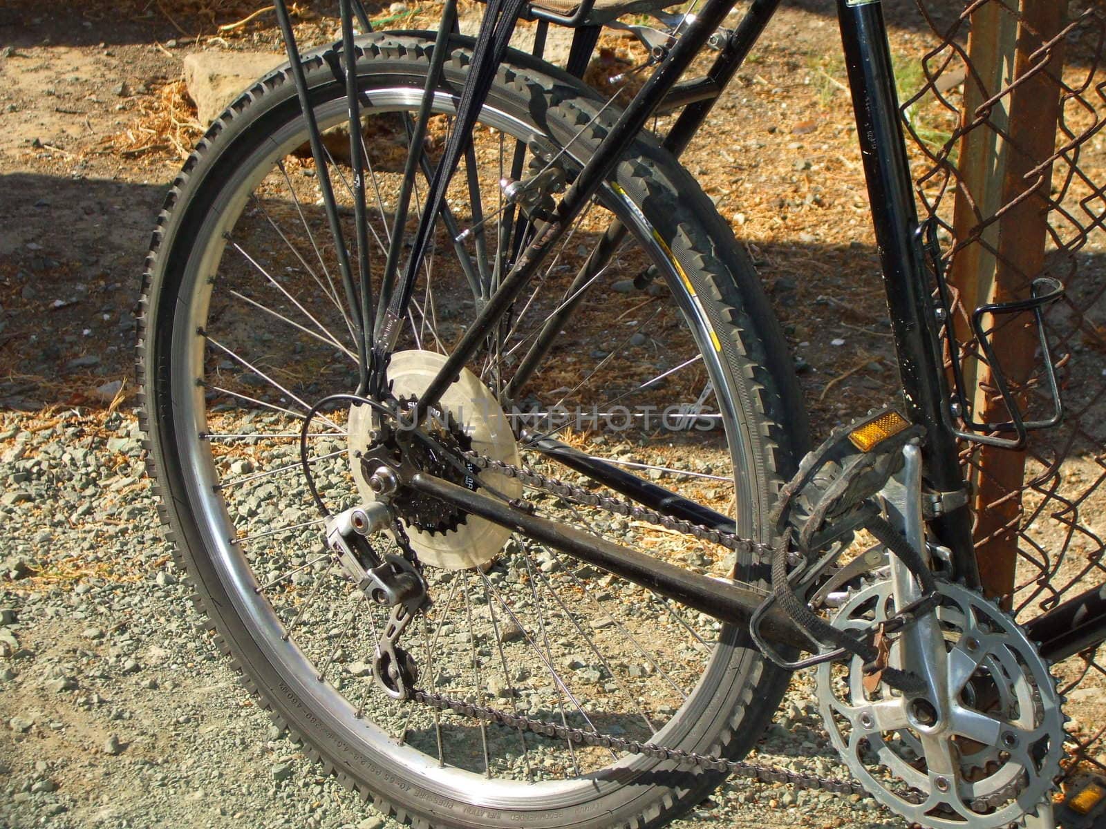 Close up of a bicycle on the street.