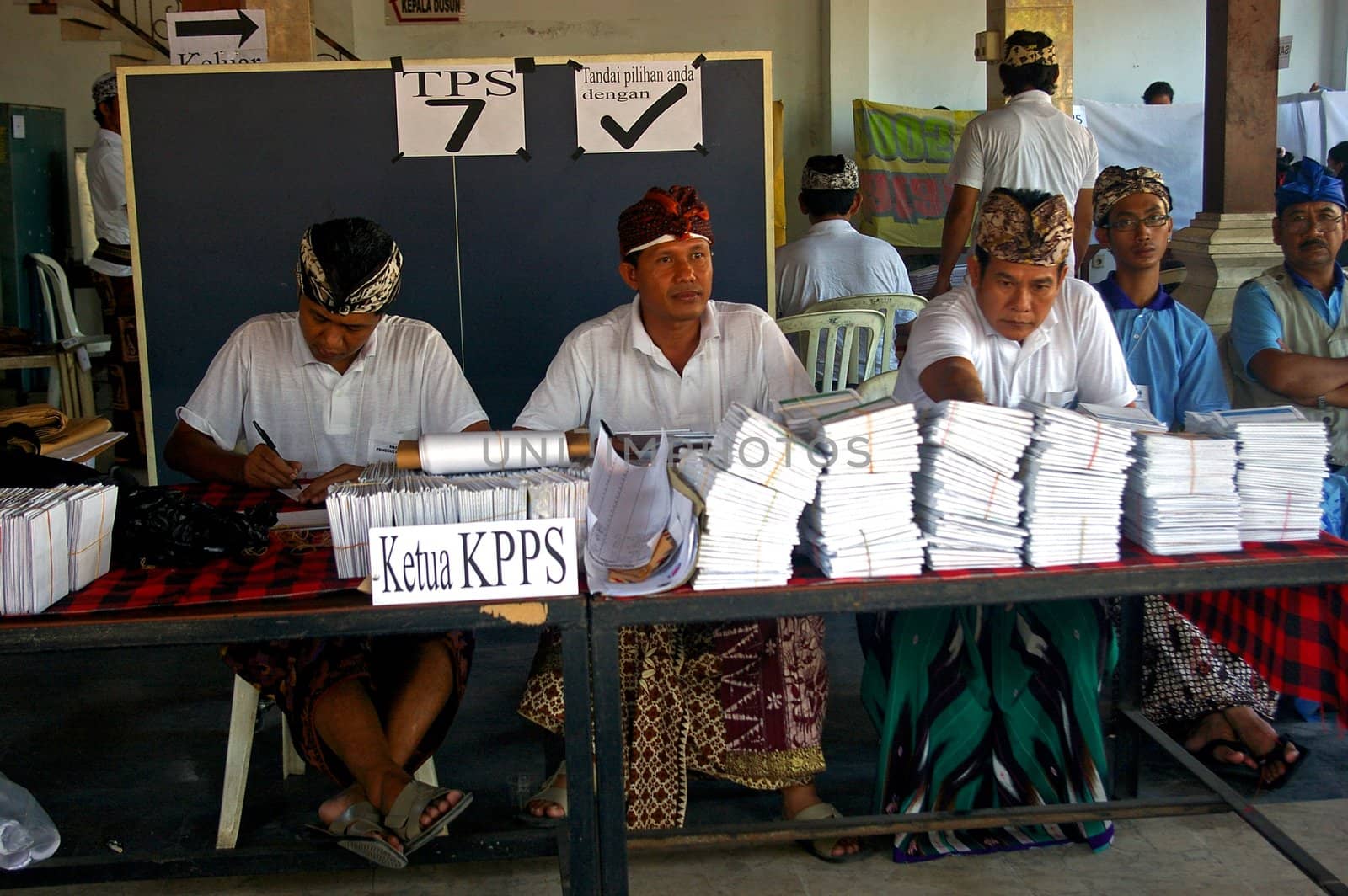 Election officials with ballot papers in a polling station, Denpasar, Bali, April 9, 2009. This is only the second direct election since the fall of the Suharto dictatorship in 1998.