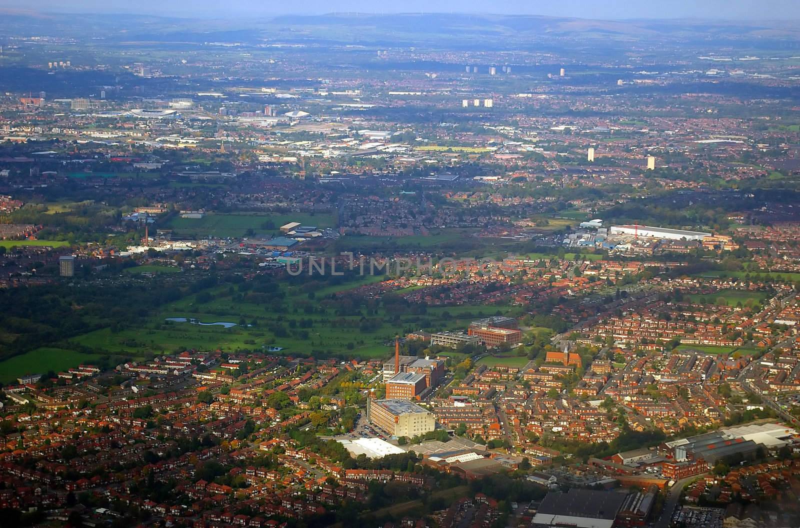 An aerial view of the city of Manchester, United Kingdom.