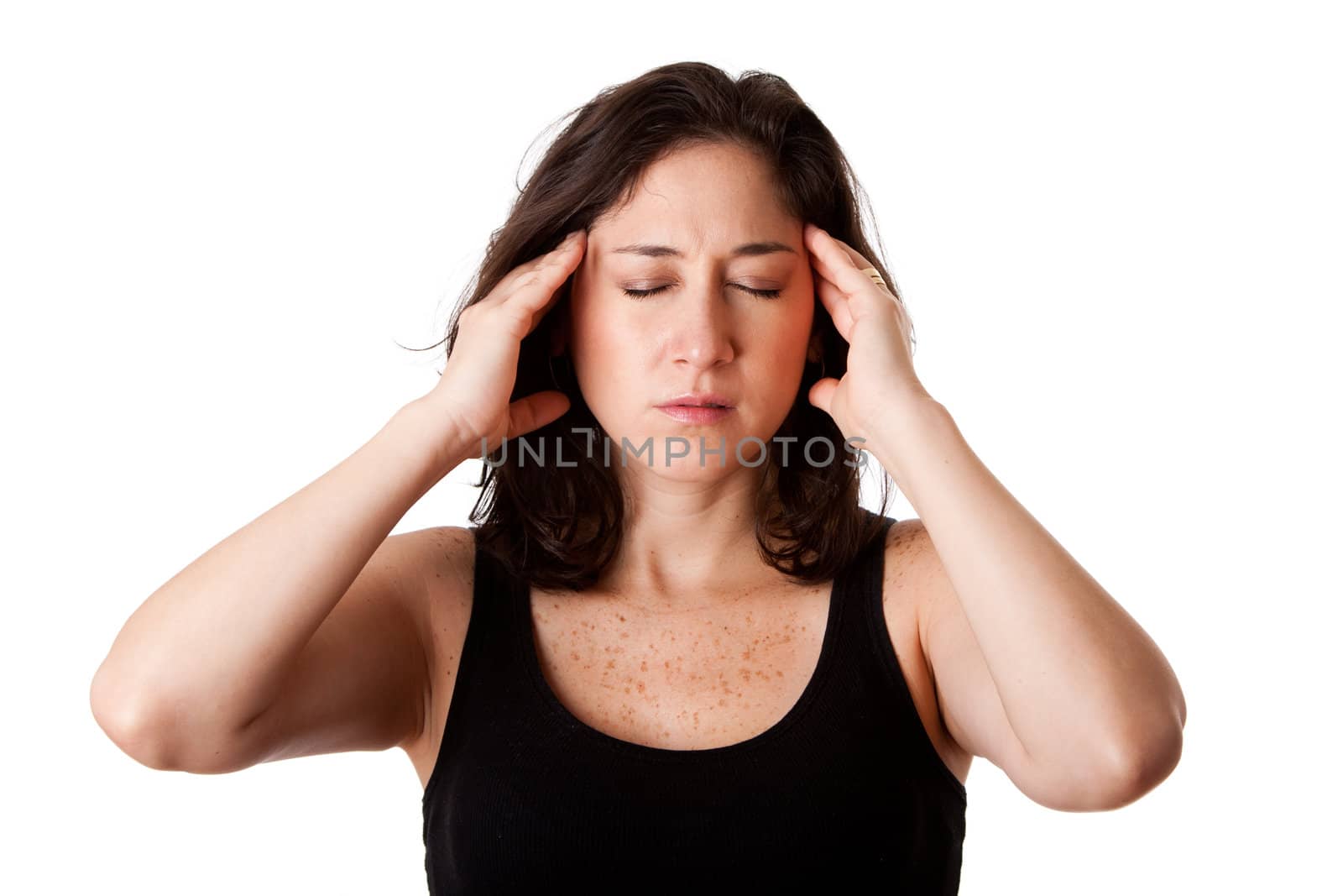 Face of beautiful young attractive woman with headcahe migraine unwell expression feeling sick, holding her head, isolated.
