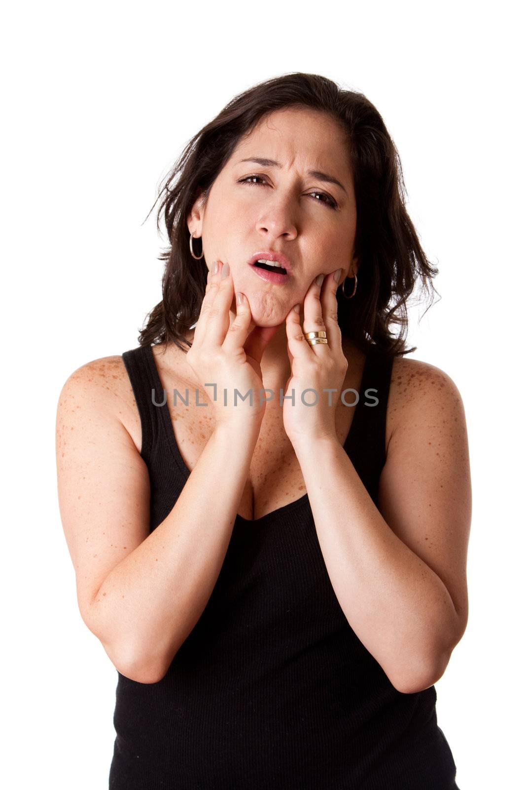 Beautiful young attractive woman with dental tooth jaw pain expression feeling unwell, holding her chin, isolated.