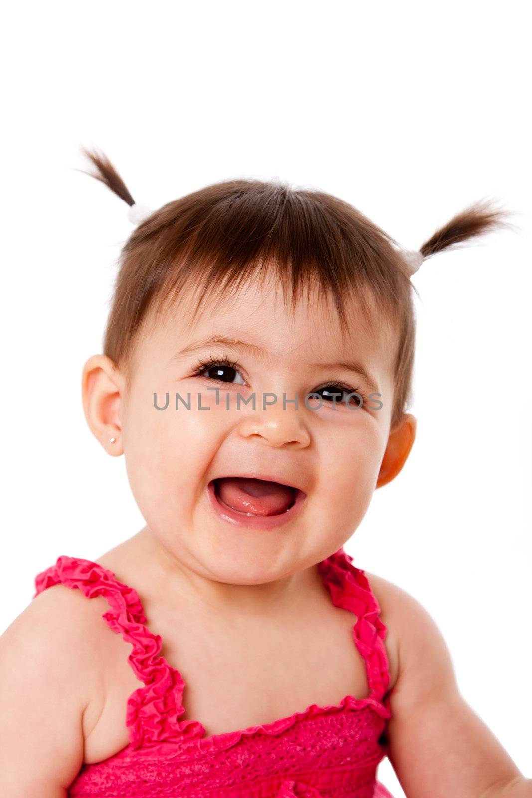 Face of cute happy smiling laughing baby infant girl with ponytails, isolated.