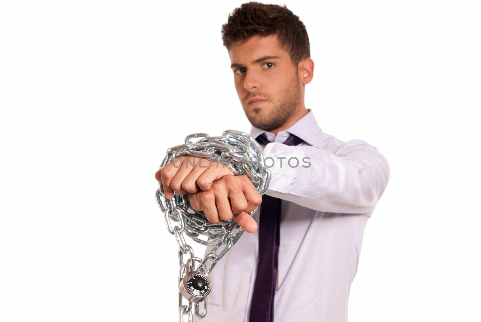 Businessman chained with padlock, job slave symbol, isolated on white background by dgmata
