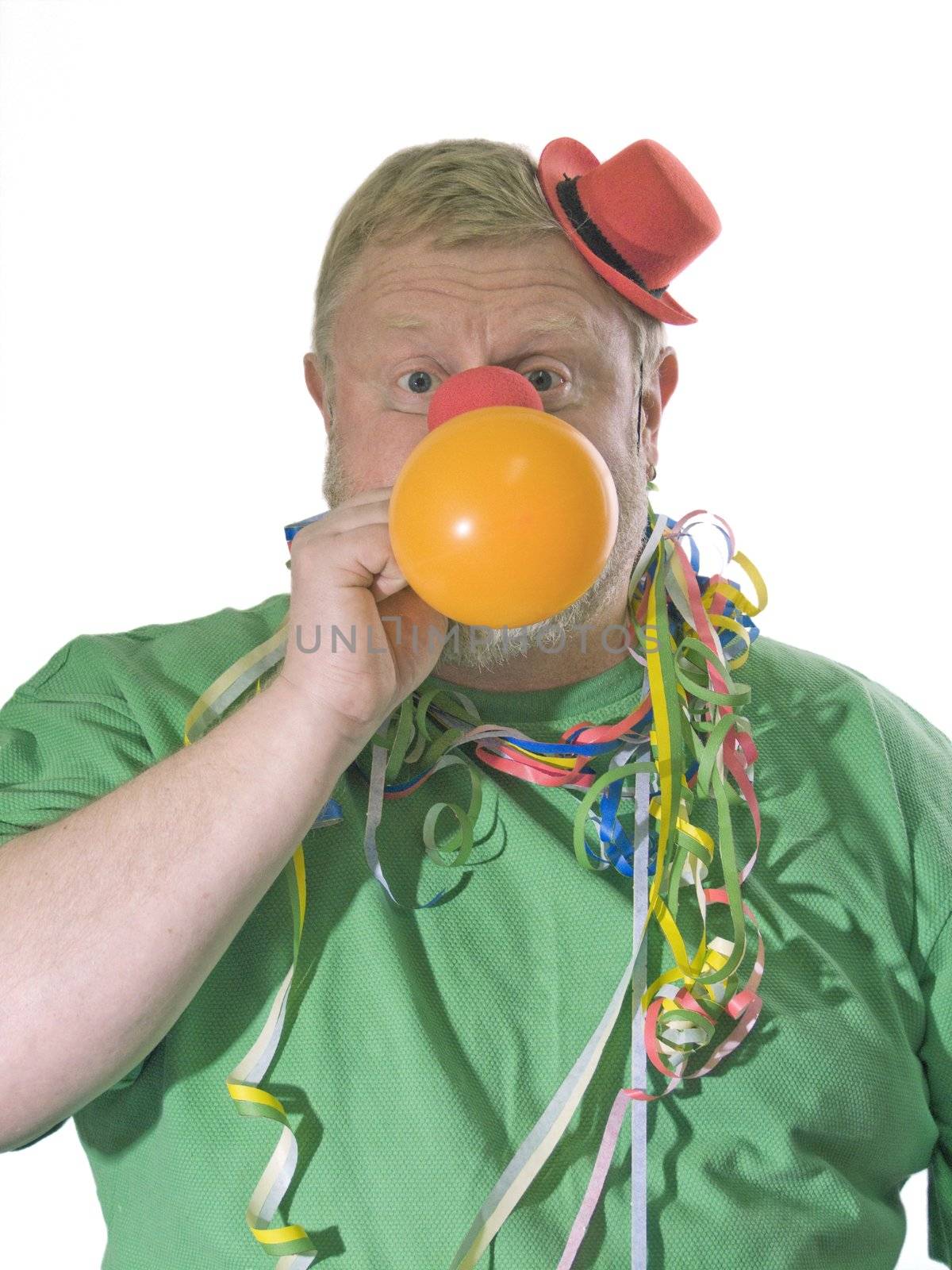 Clown with hat, false nose and balloon