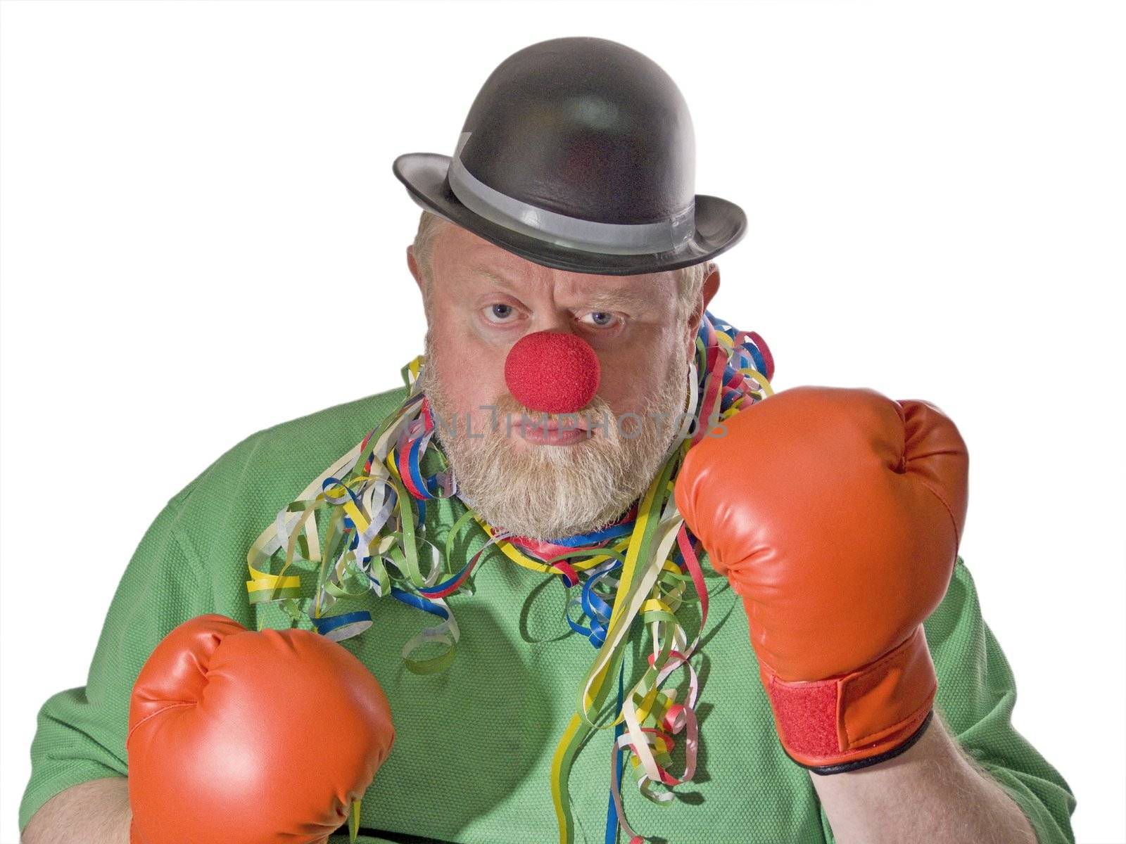 Boxing clown with black hat, false nose and boxing gloves