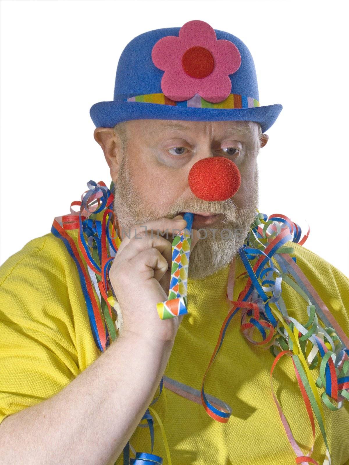 Clown with blue hat, false nose and pipe