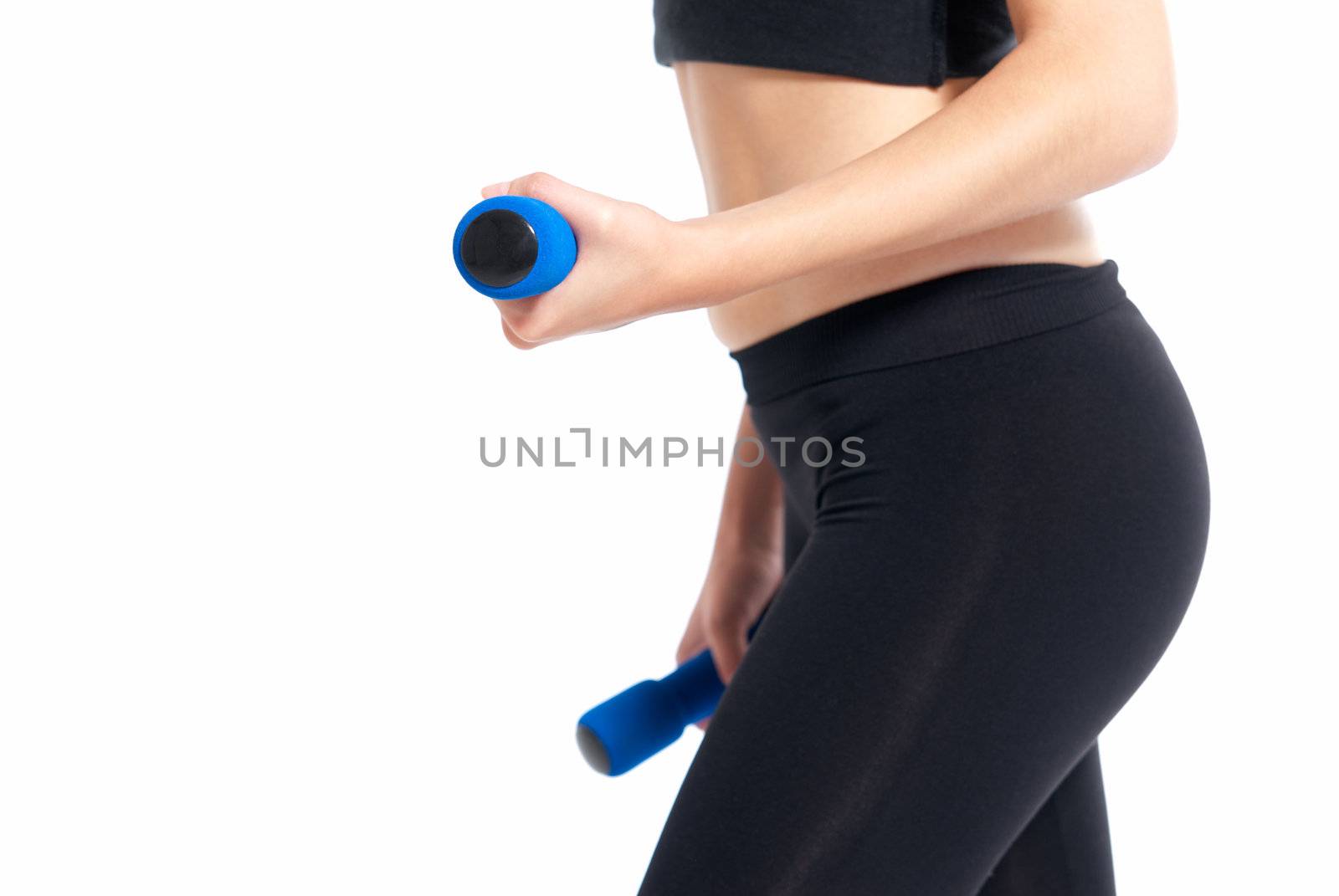 Unrecognizable young woman fitness exercise with dumbbells isolated on white background by dgmata