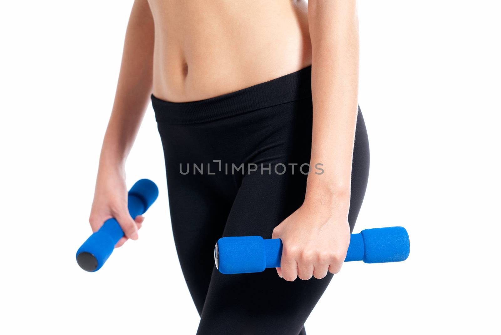 Unrecognizable young woman fitness exercise with dumbbells isolated on white background by dgmata