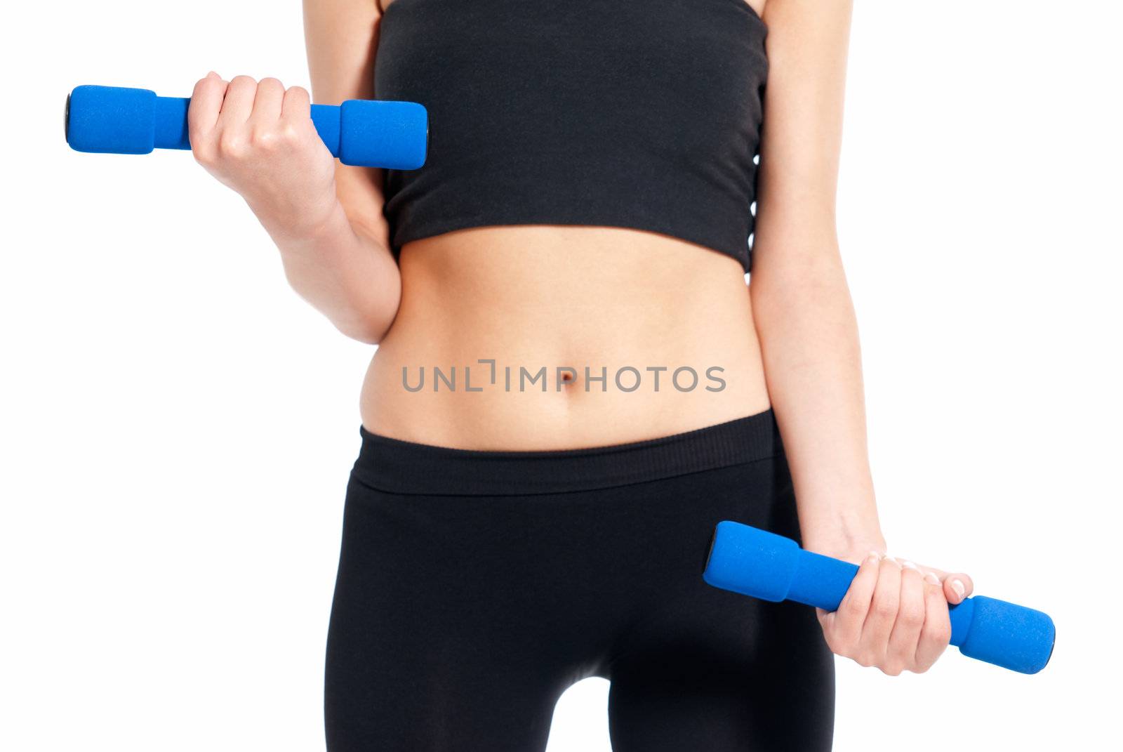 Unrecognizable young woman fitness exercise with dumbbells isolated on white background