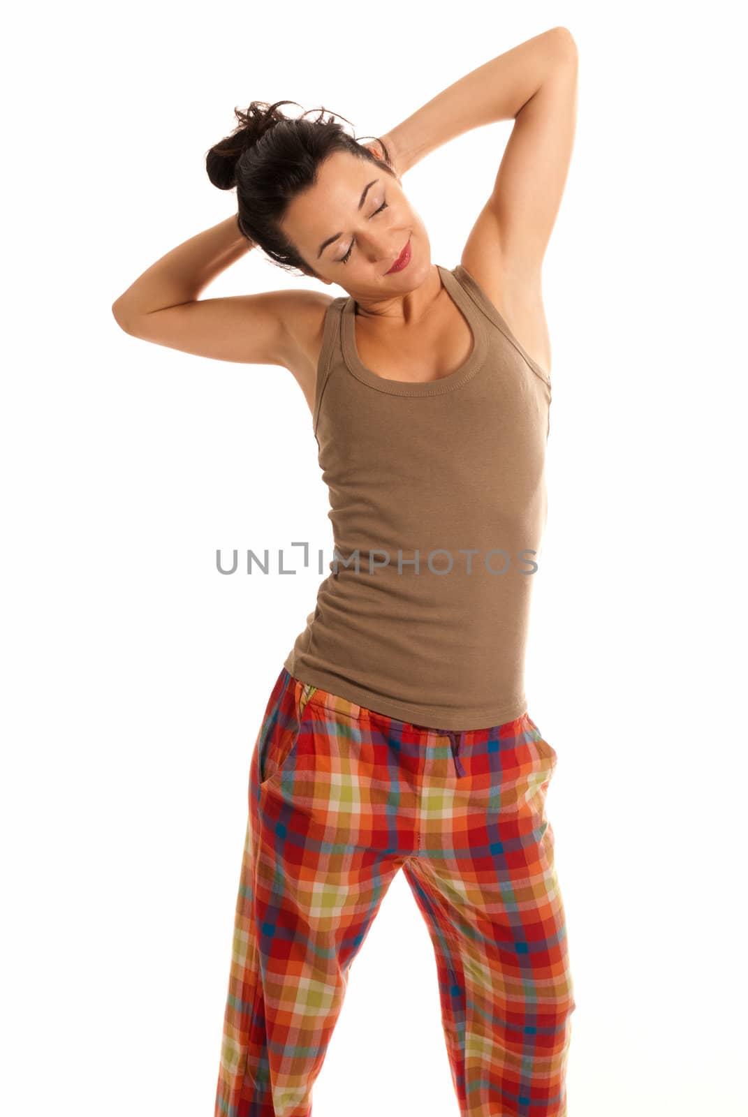 young woman be sleepy wearing pajamas isolated on white 