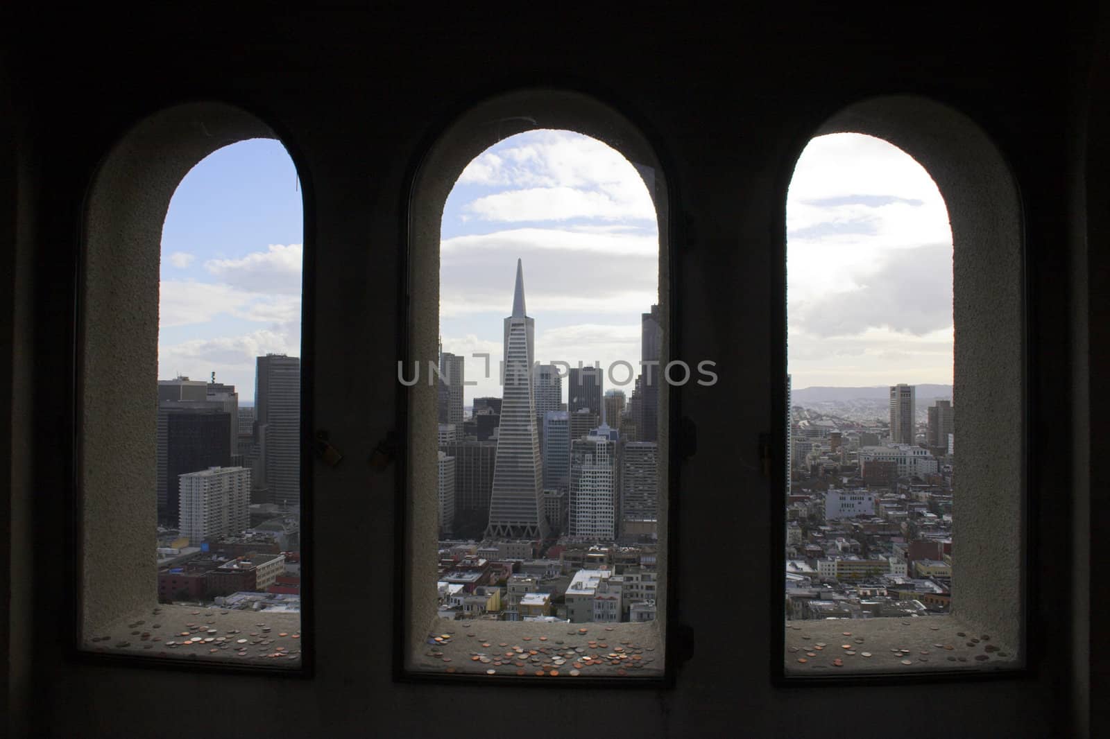 View of downtown buildings and streets from Coit Tower, San Francisco, California  