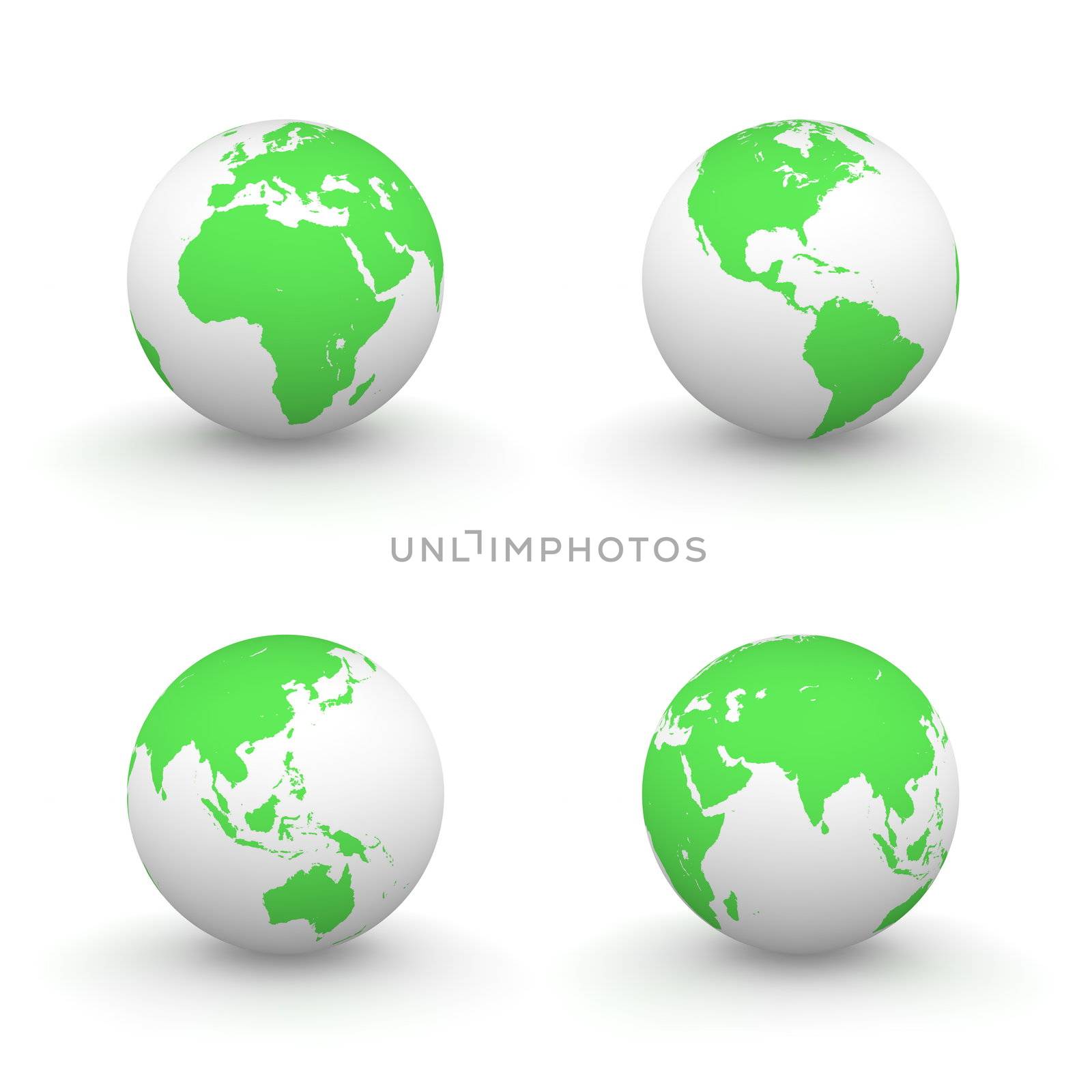 four views of a 3D globe with green continents and a white ocean