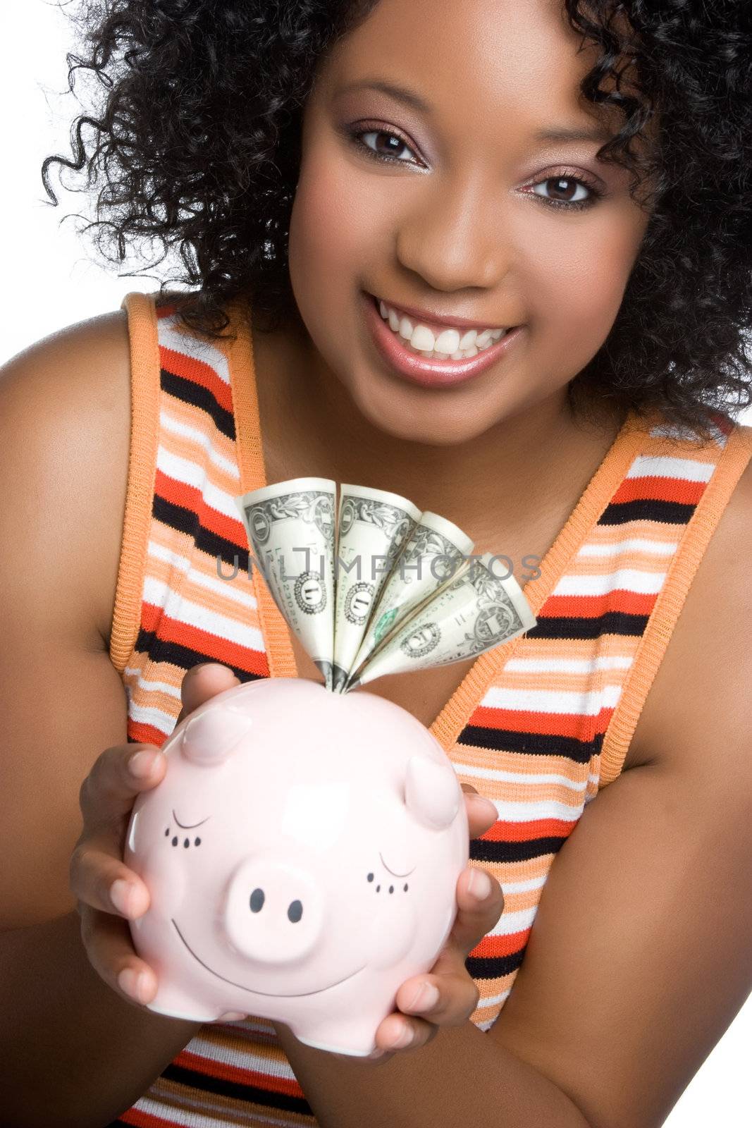 Woman holding money piggy bank