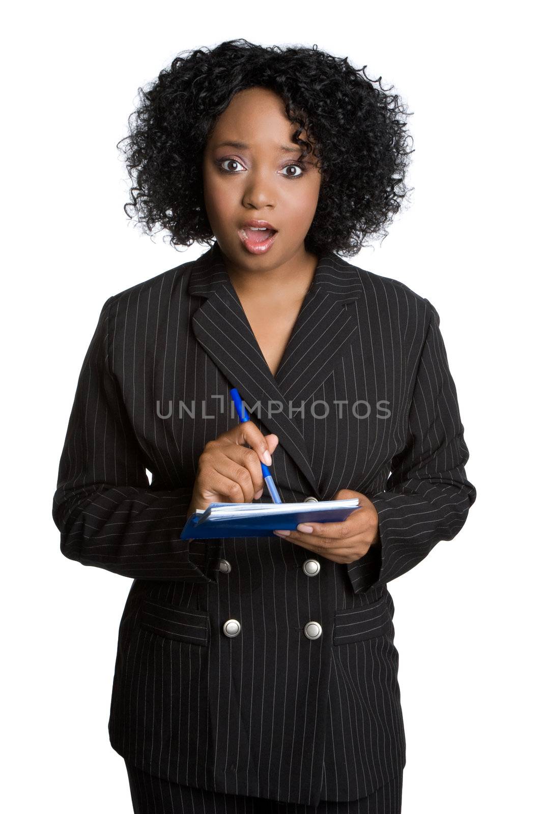 Shocked business woman writing check