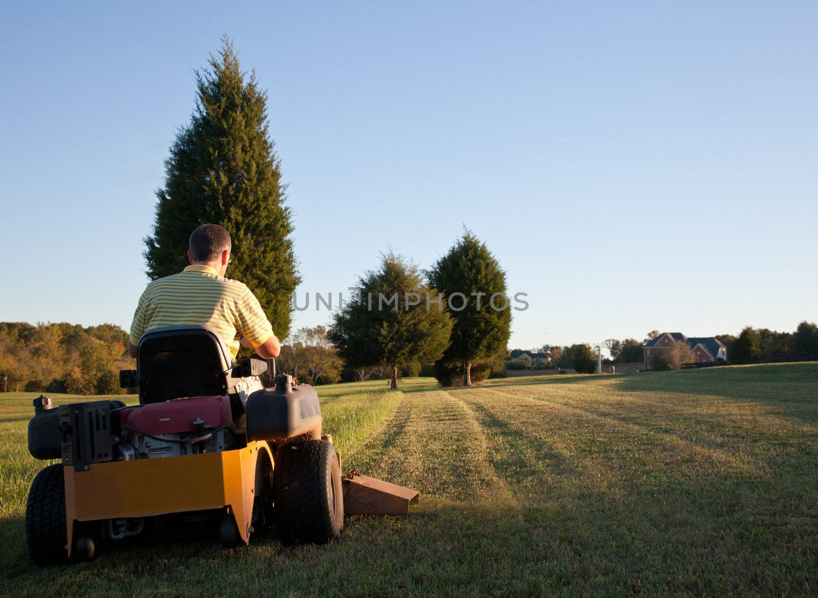 Middle aged man on zero turn mower cutting grass on a sunny day with the sun low in the sky