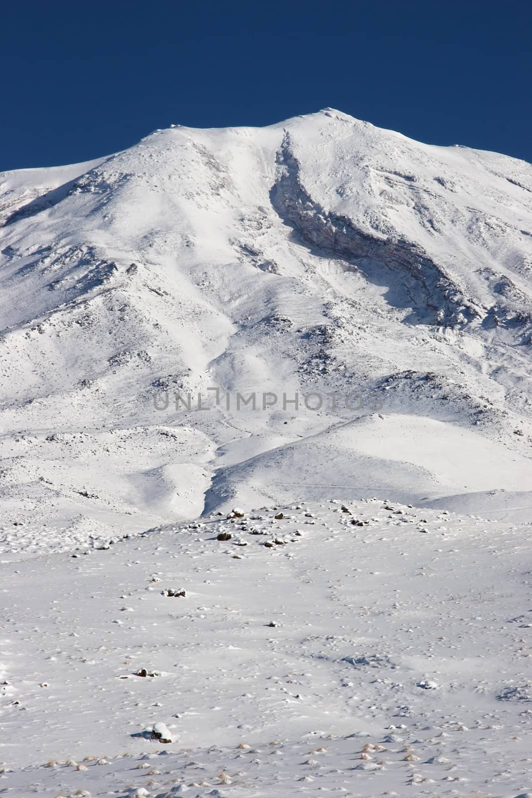 Mount Ararat (Agri Dagi) in winter. Photo was shot from abandoned Elikoy village, altitude 2250m. Mount Ararat is inactive volcano located near Iranian and Armenian borders and the tallest peak in Turkey.