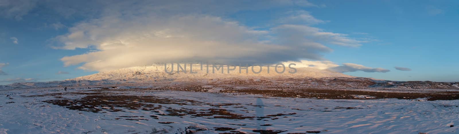 Winter sunset panoramic image from the valley to the south of Ararat. Mount Ararat (Agri Dagi) is an inactive volcano located near Iranian and Armenian borders and the tallest peak in Turkey.