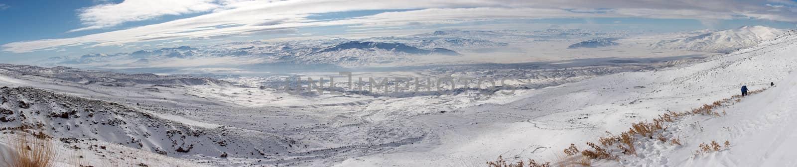 Winter panorama from Ararat slopes in the direction of Iran. Mount Ararat (Agri Dagi) is an inactive volcano located near Iranian and Armenian borders and the tallest peak in Turkey.