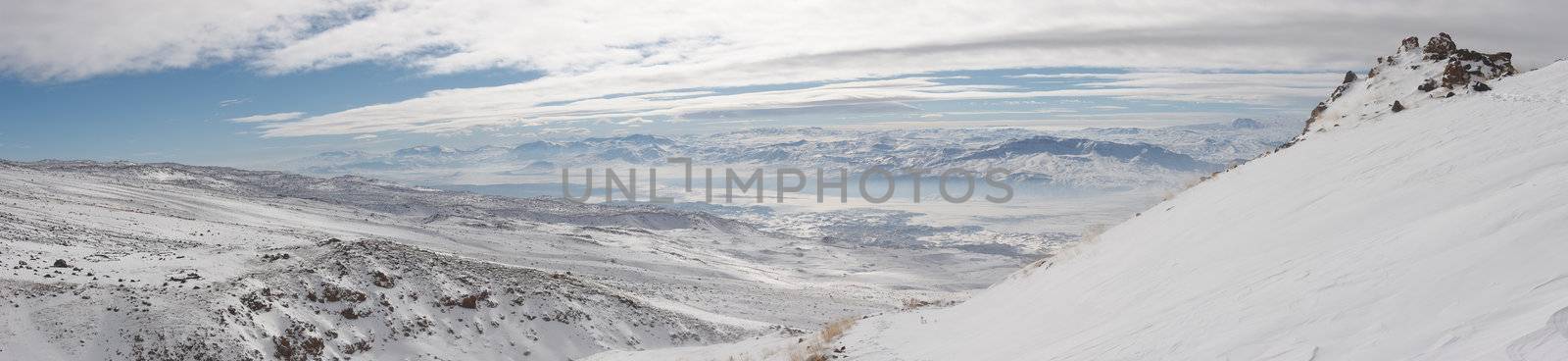 Winter panorama from Ararat slopes in the direction of Iran. Mount Ararat (Agri Dagi) is an inactive volcano located near Iranian and Armenian borders and the tallest peak in Turkey.