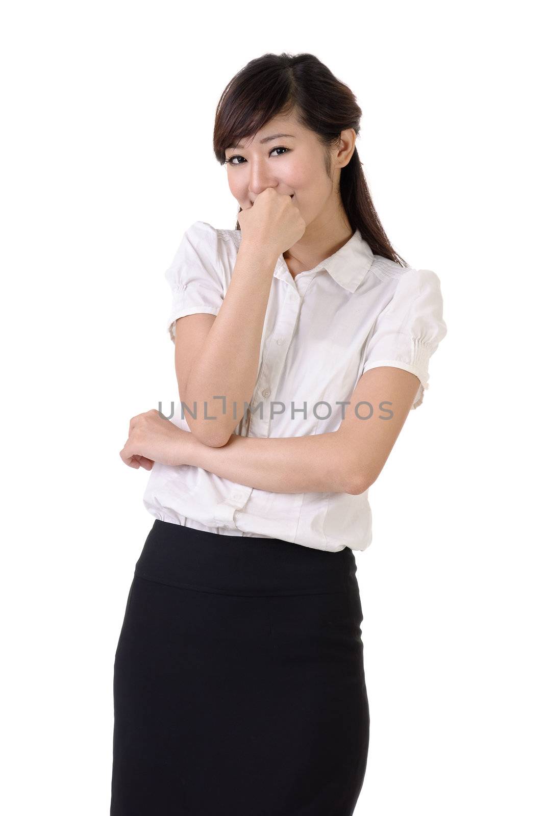 Cute business woman with smiling face against white.