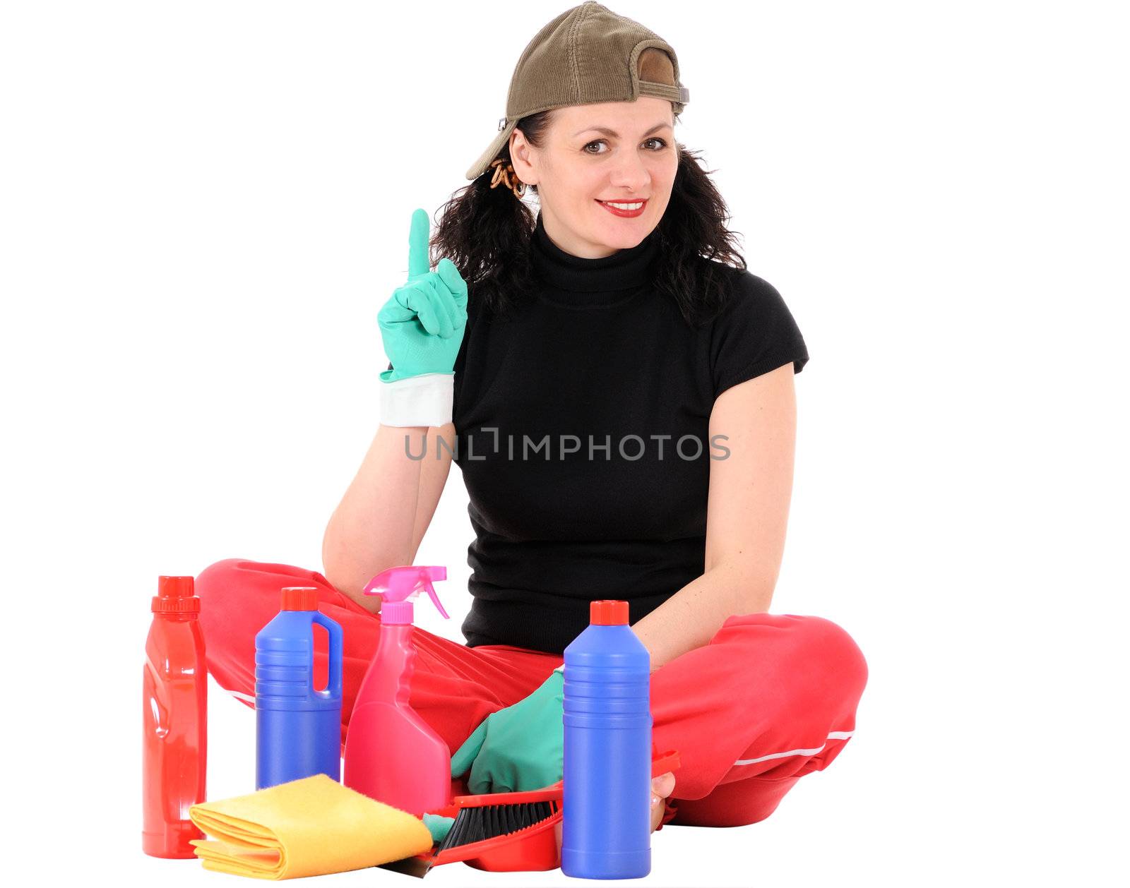 The woman sits about bottles with a washing-up liquid isolated on white background
