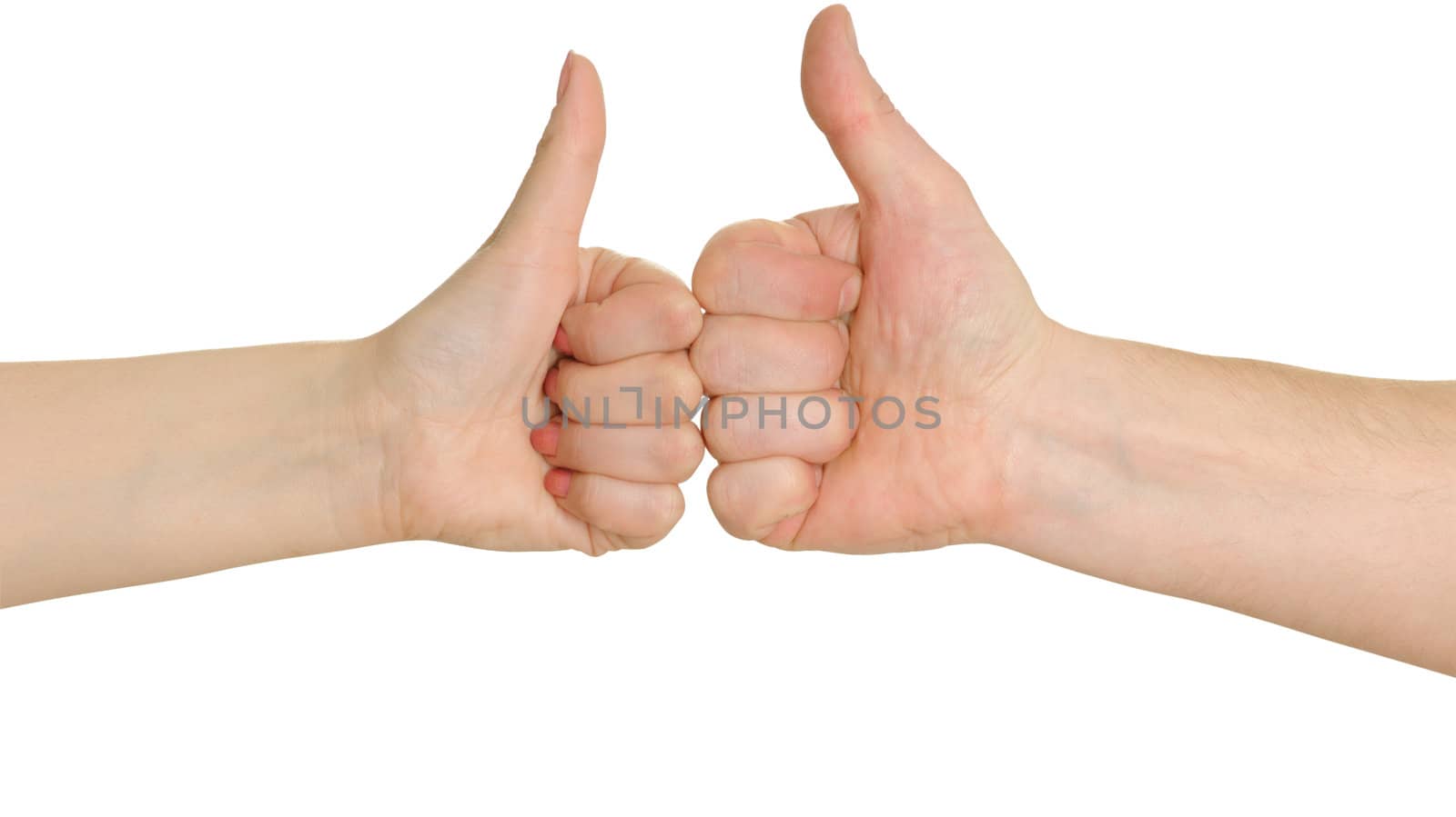 Female and man's hand show gesture okay isolated on white background