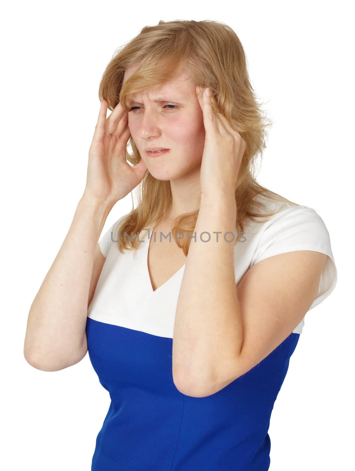 A woman suffering from headache isolated on white background