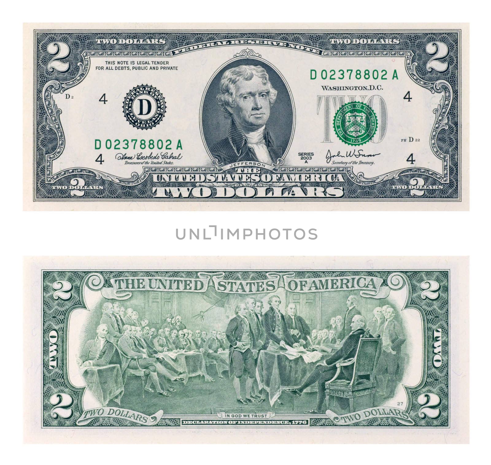 Two dollars bill isolated in white