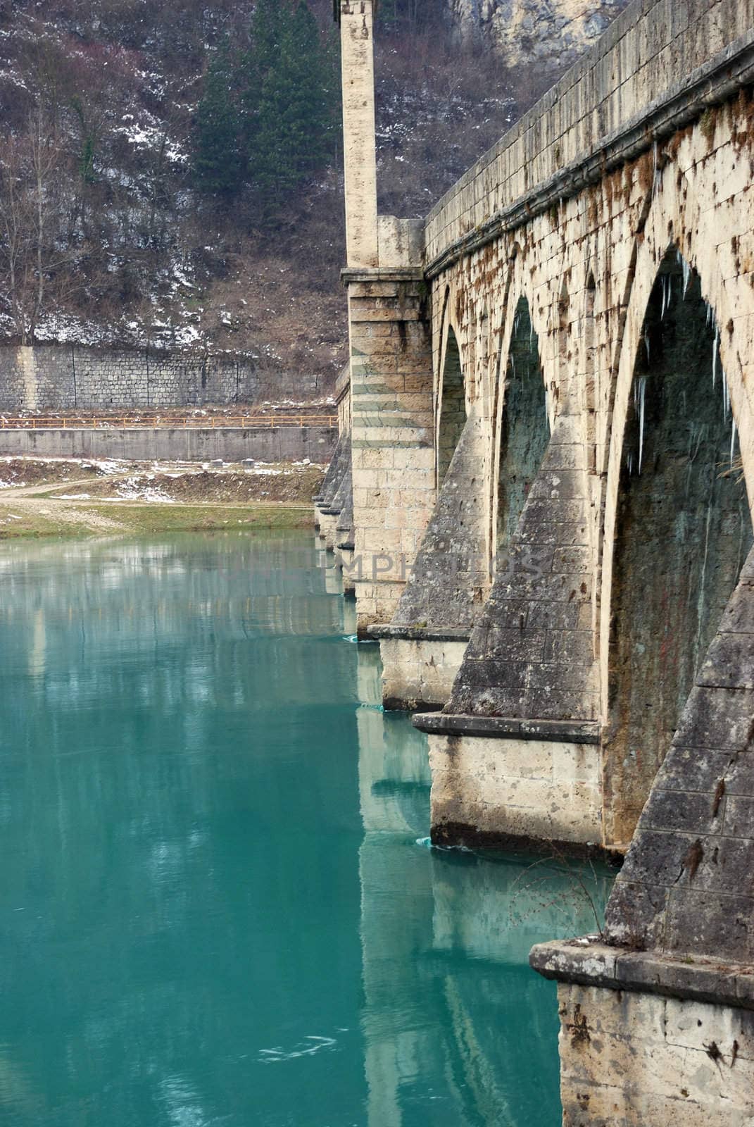 The bridge on the Drina in Visegrad in Bosnia and Herzegovina on a winter day.