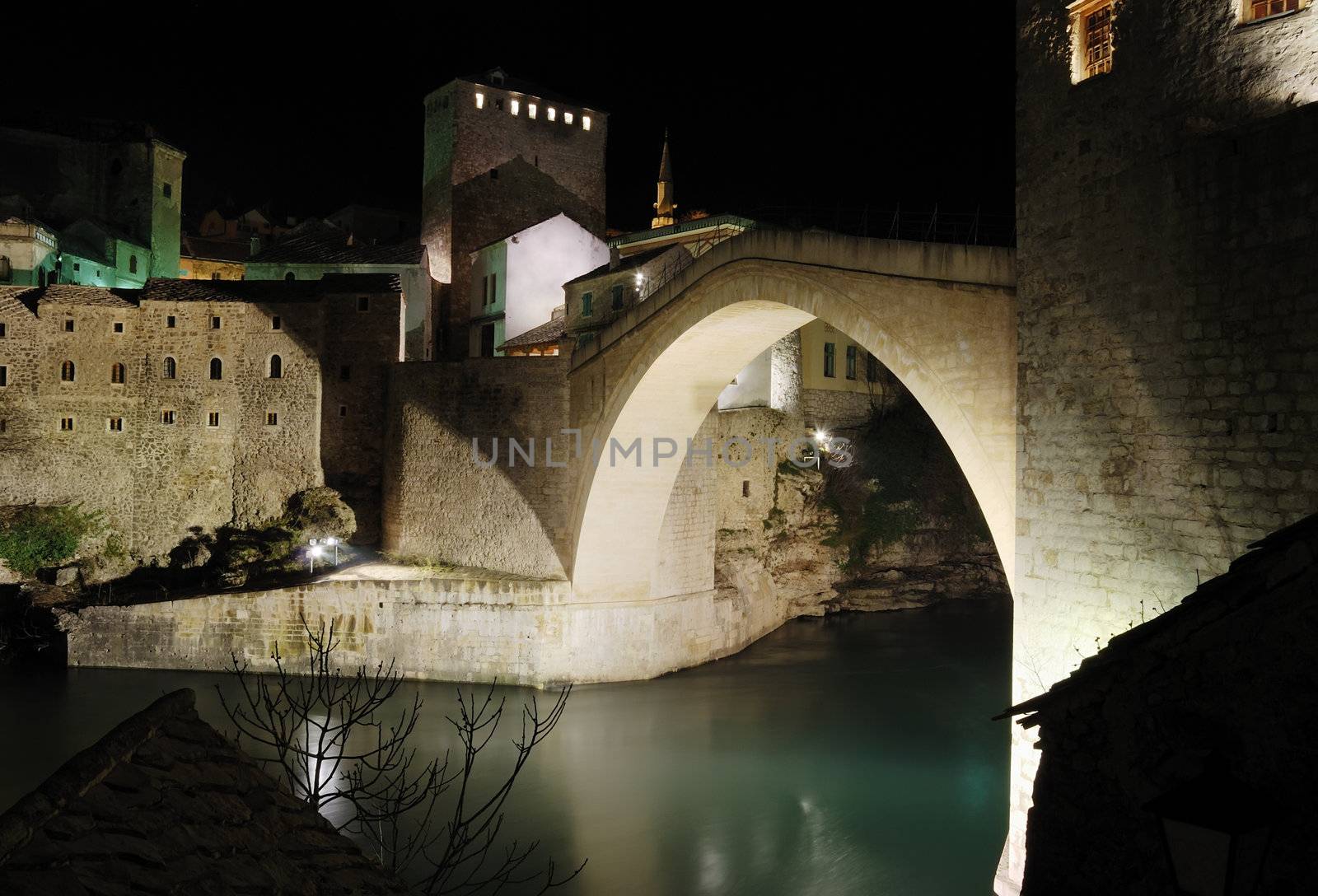 Famous Old Bridge in Mostar by night.