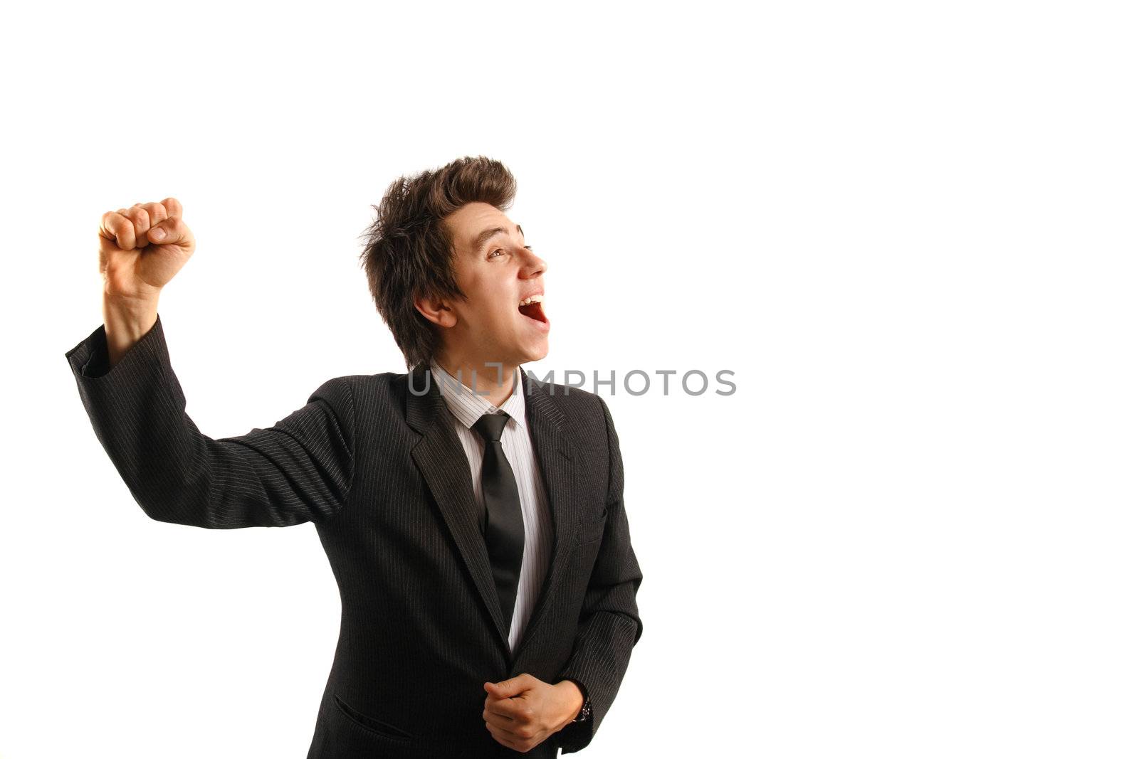 Businessman isolated on white background, rejoicing