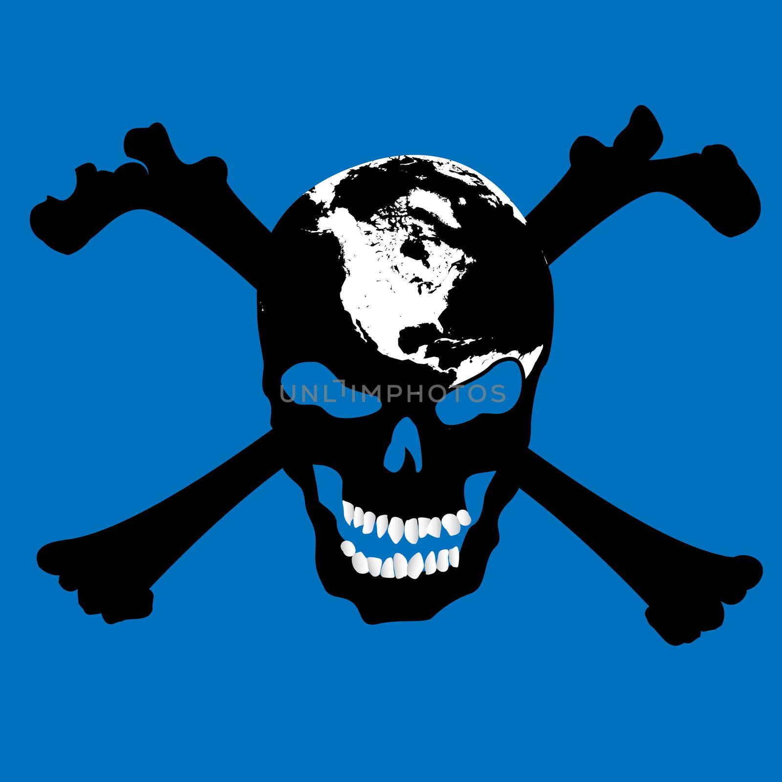 Pirate skull with map over blue background