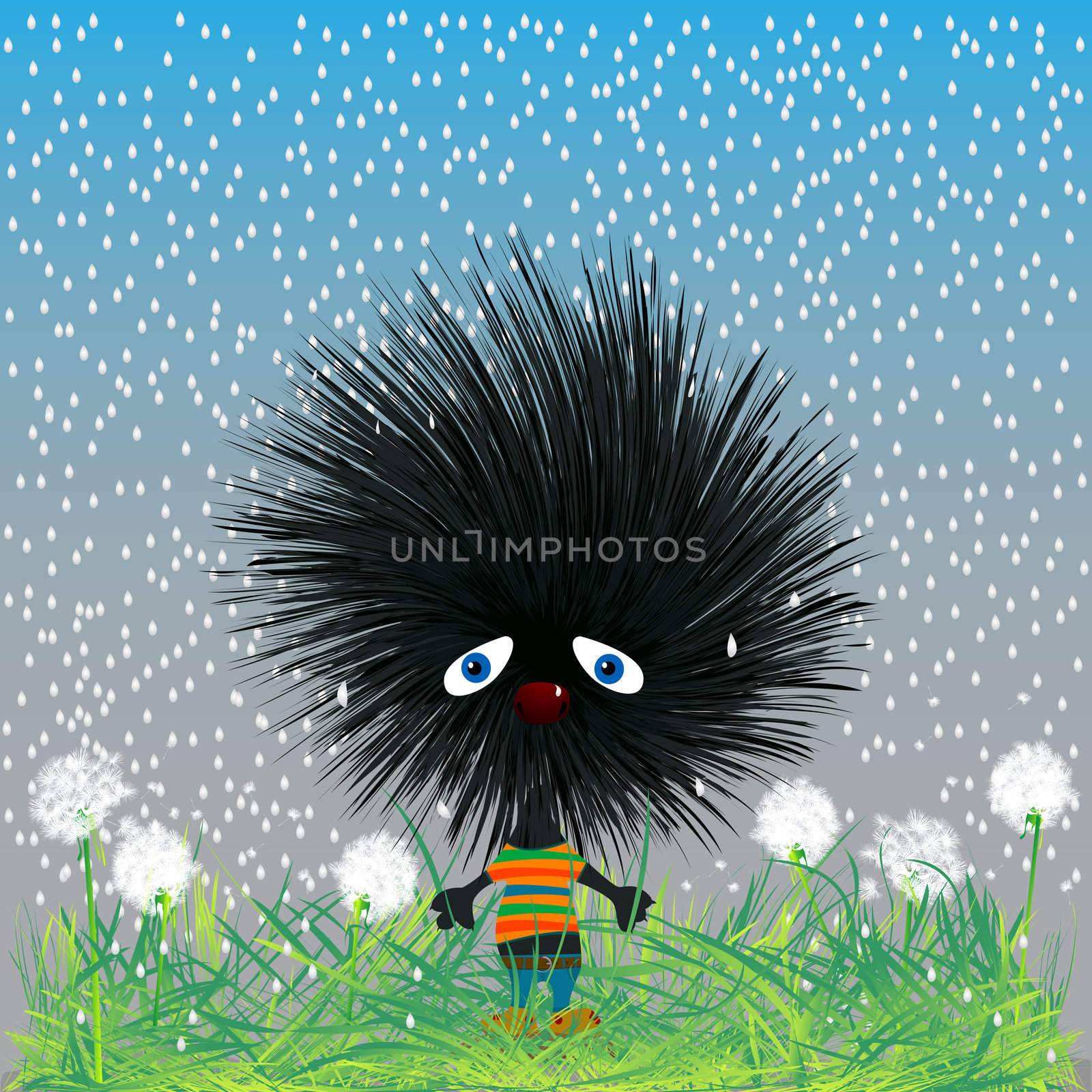 Background sketch with a sad hadehog on a dandelion field in the rain