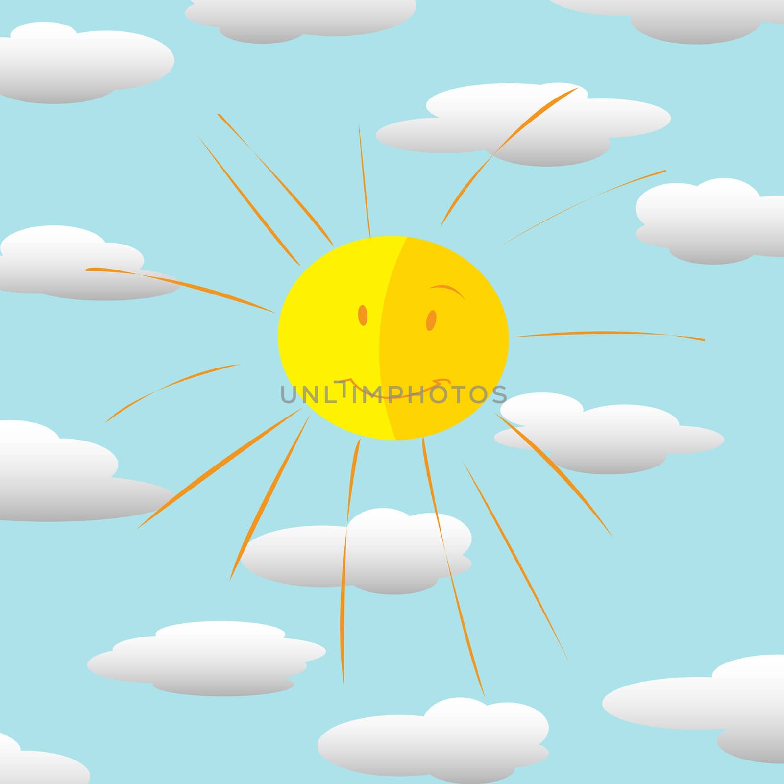 Happy sun icon and clouds background
