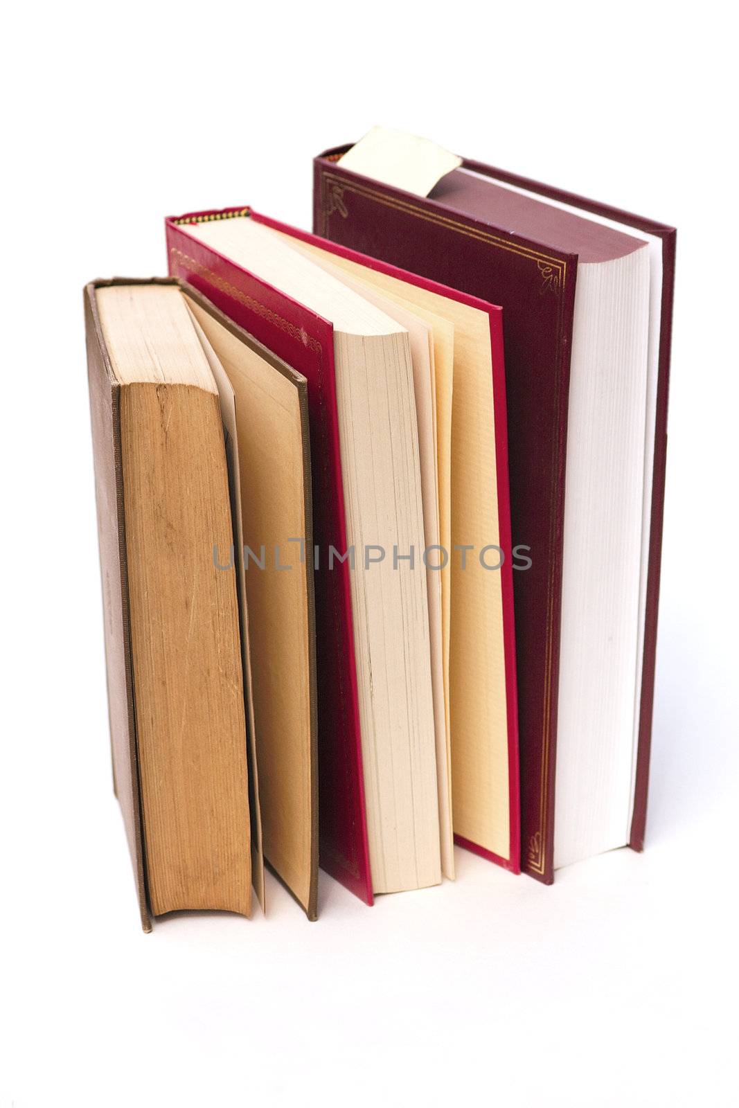 three books standing slighty open against a outside view