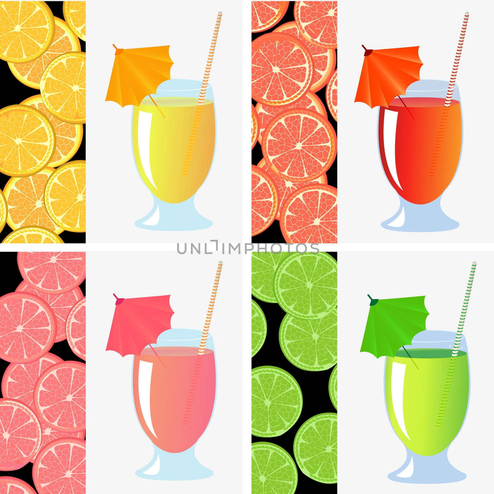 Stylized fruit juices and slice, citrics