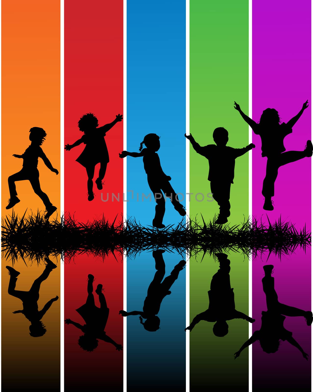 Hand drawn children silhouettes over a rainbow background