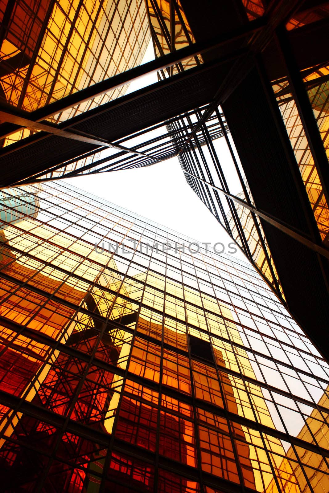 modern glass skyscraper perspective view with brown toned.