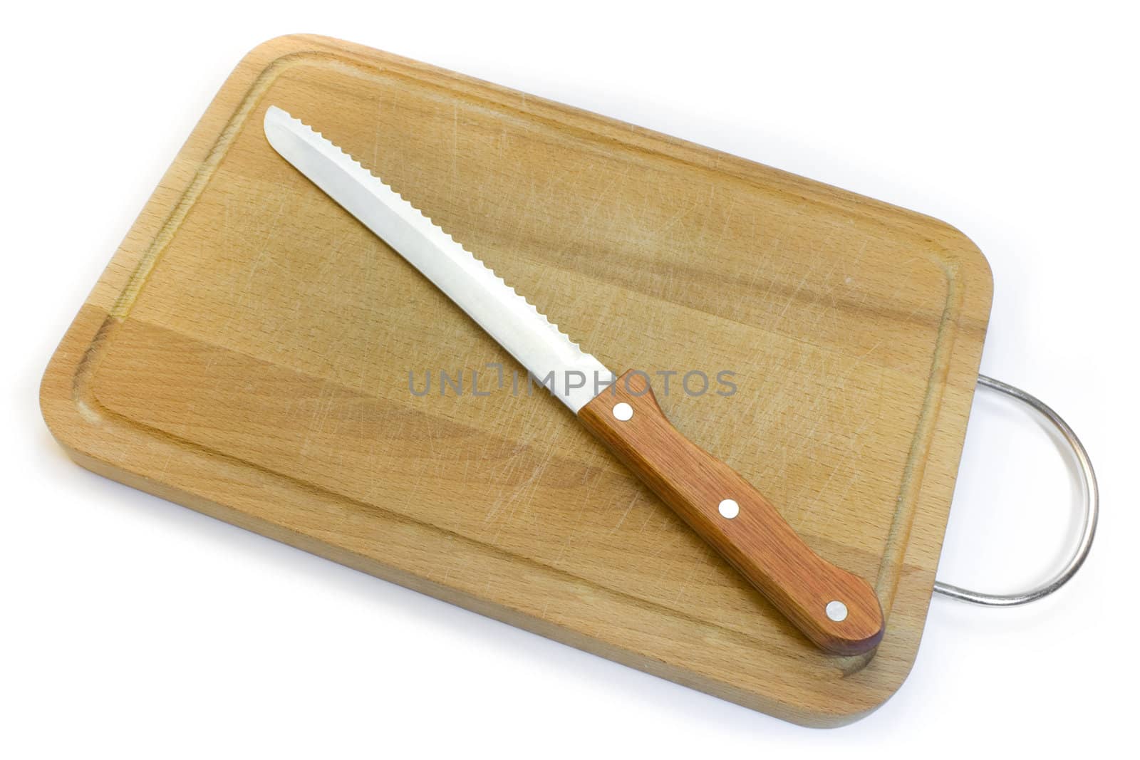 Chopping board and knife for bread, a photo close up on a white background.