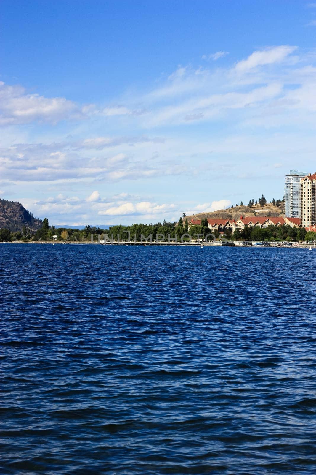 lakeshore and town view in a sunny day