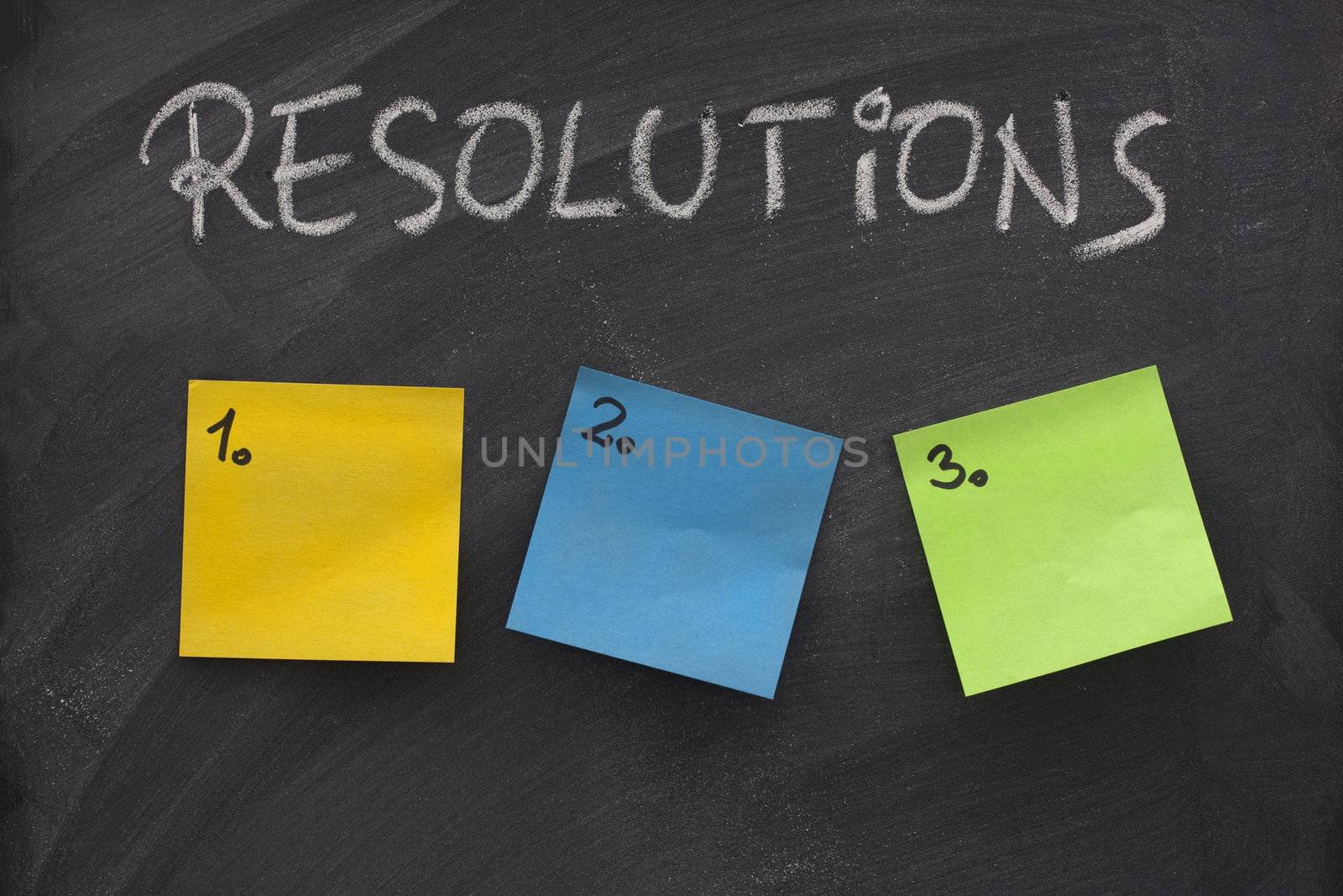 list of resolutions on blackboard with three blank, numbered sticky notes
