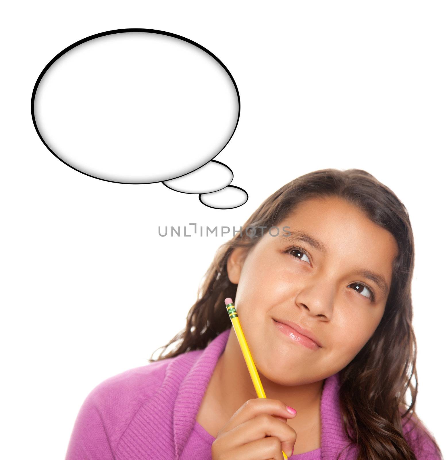 Hispanic Teen Aged with Pencil and Blank Thought Bubble Isolated on a White Background - Contains Clipping Paths.