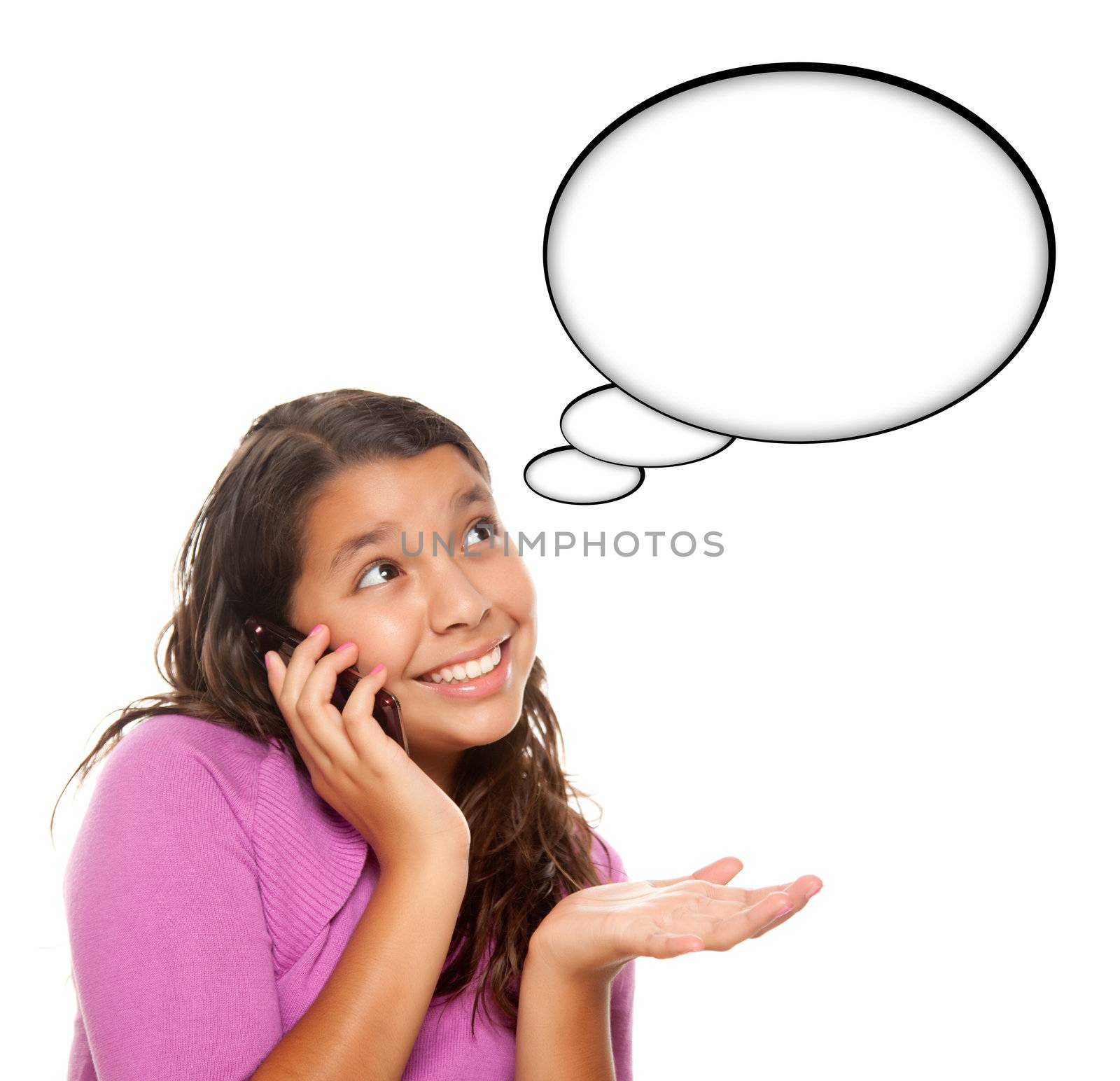 Hispanic Teen Aged Girl on Cell Phone with Blank Thought Bubble Isolated on a White Background - Contains Clipping Paths.