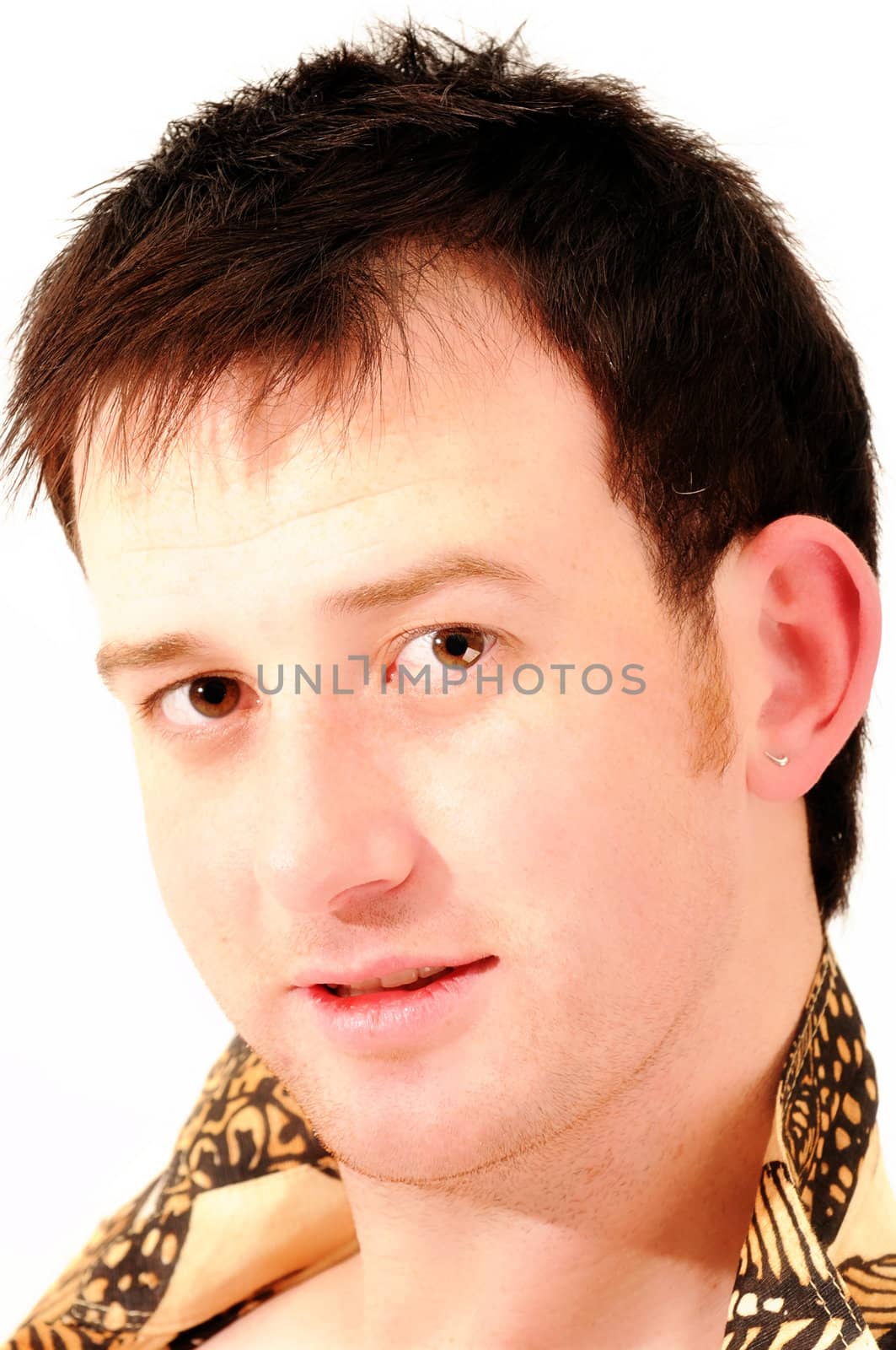 portrait of handsome male model with earring smiling by Ansunette