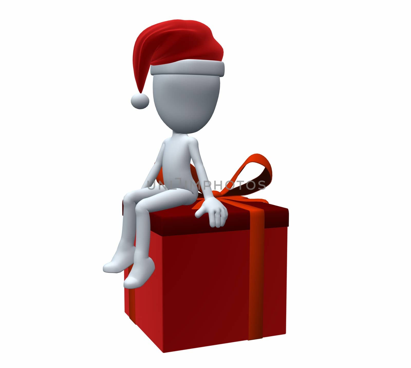 3D Christmas Guy Sitting On A Christmas Gift on a white background