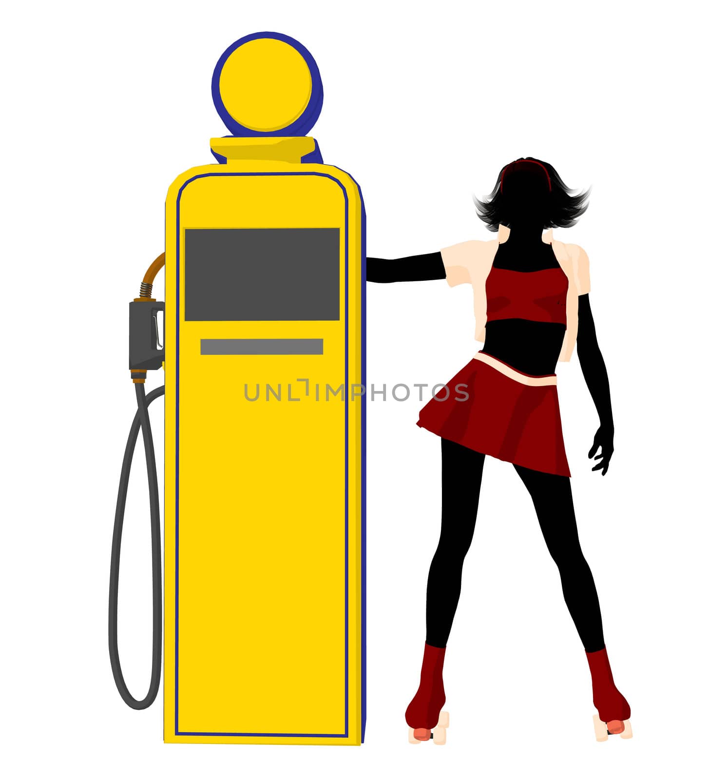Girl on roller skates standing near a gas pump silhouette on a white background