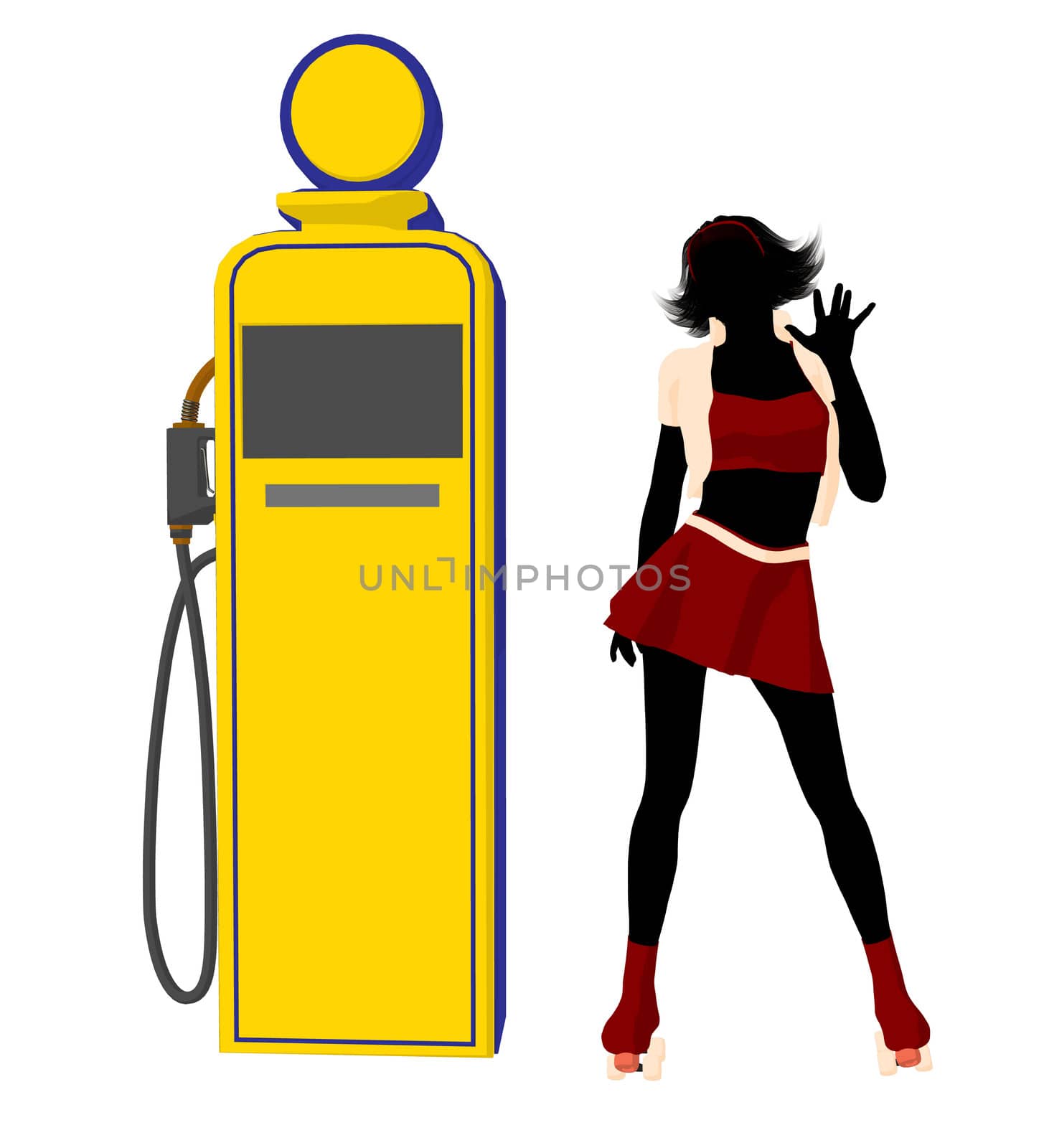 Girl on roller skates standing near a gas pump silhouette on a white background