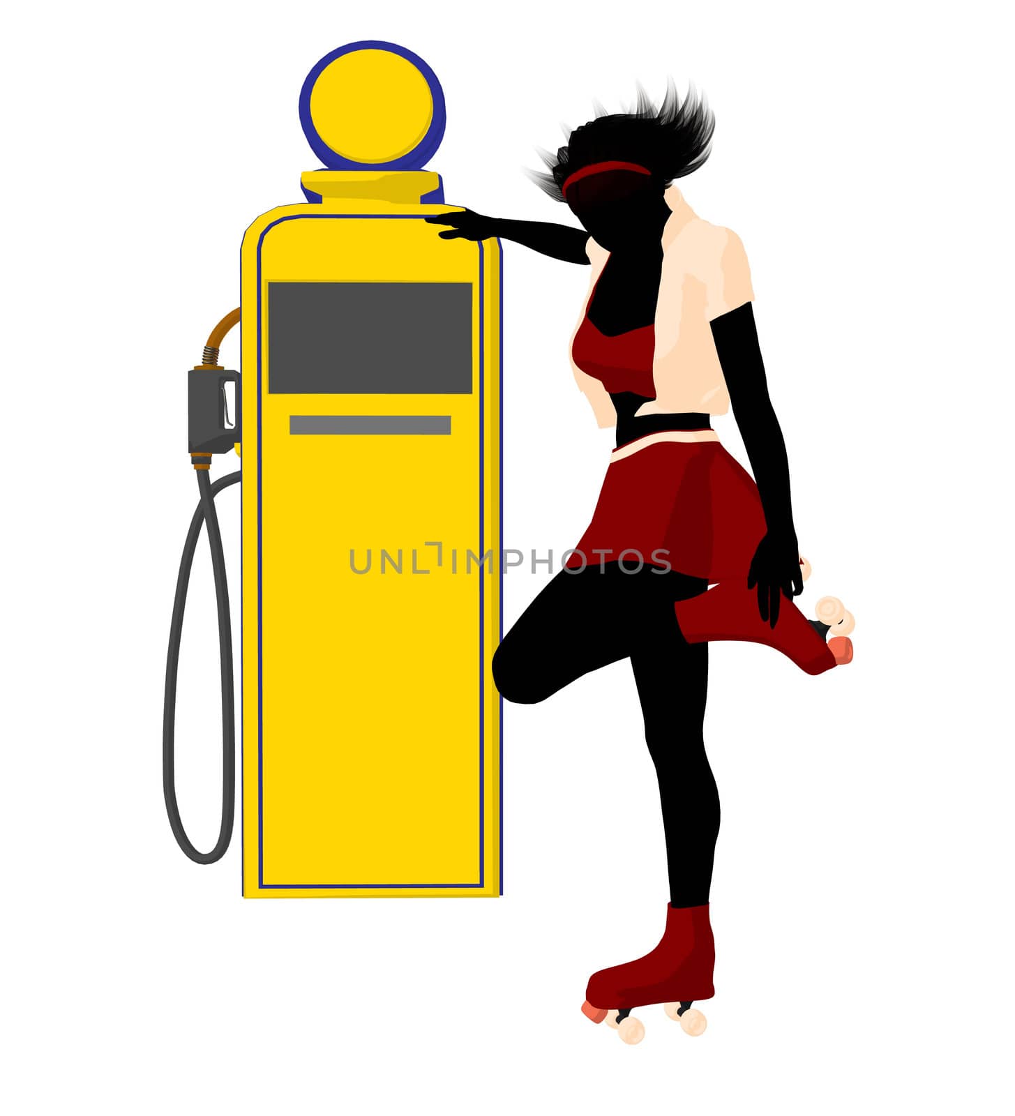Girl on roller skates standing near a gas pump silhouette on a white background